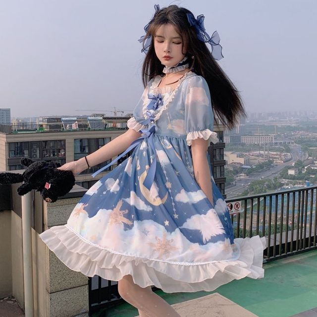 Set: Short-Sleeve Print Lolita Dress + Headband