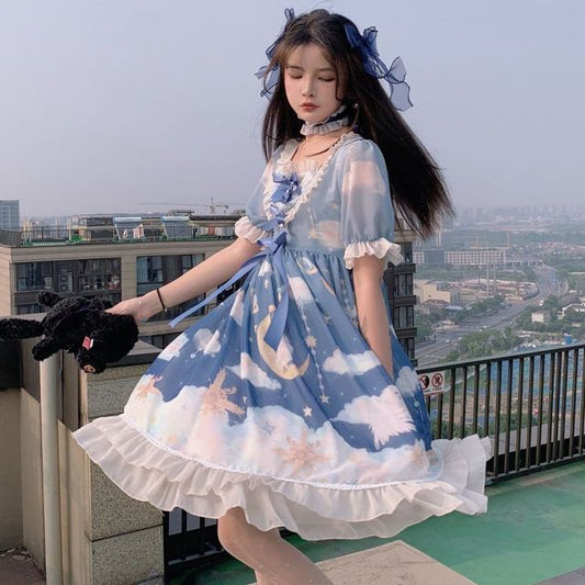 Set: Short-Sleeve Print Lolita Dress + Headband