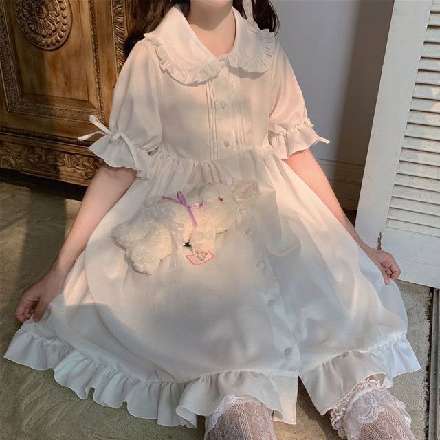 Short-Sleeve Frill Trim A-Line Shirt Dress