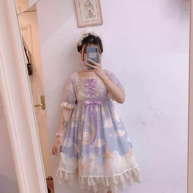 Set: Short-Sleeve Print Lolita Dress + Headband