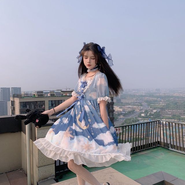 Set: Short-Sleeve Print Lolita Dress + Headband