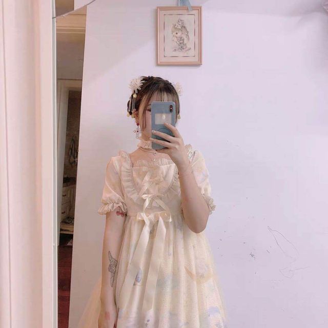 Set: Short-Sleeve Print Lolita Dress + Headband