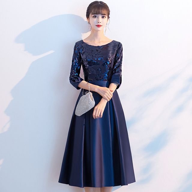 / Elbow-Sleeve Cocktail Evening Gown Dress A-Line