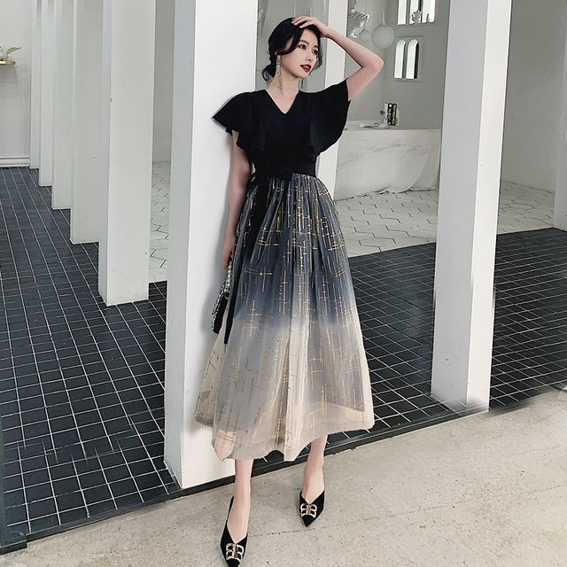 Evening Dress Cocktail Short-Sleeve A-Line Gown /