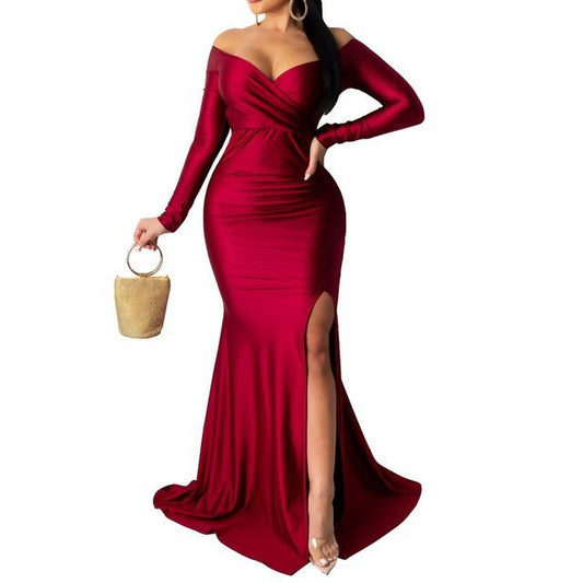Off Gown Shoulder Long-Sleeve Evening Slit Mermaid
