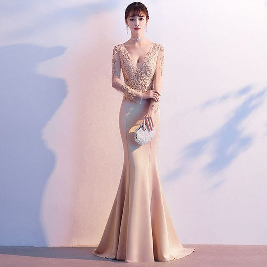 Evening Lace Gown V-Neck Mermaid Long-Sleeve
