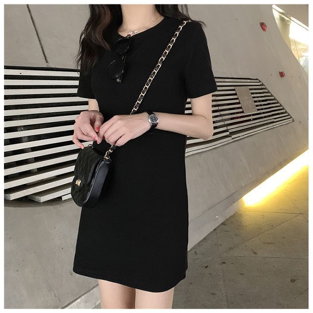 Dress Plain Short-Sleeve T-Shirt Mini Round Neck