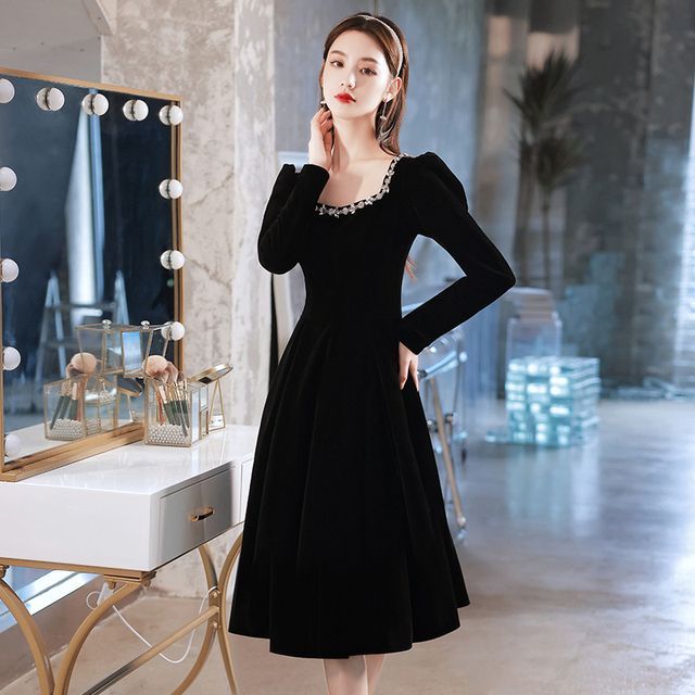 Rhinestone Long-Sleeve / Neck Gown Square A-Line Cocktail Evening Dress