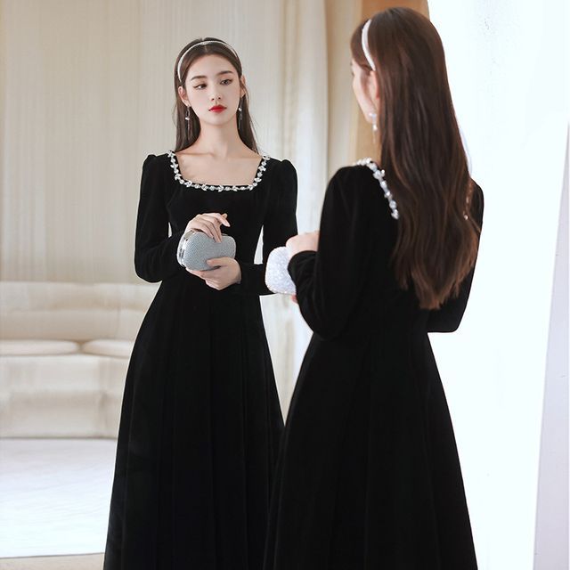 Rhinestone Long-Sleeve / Neck Gown Square A-Line Cocktail Evening Dress