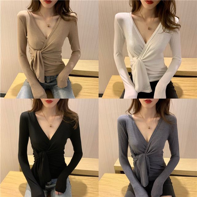 Top Slim-Fit Plain V-Neck Knot Long-Sleeve