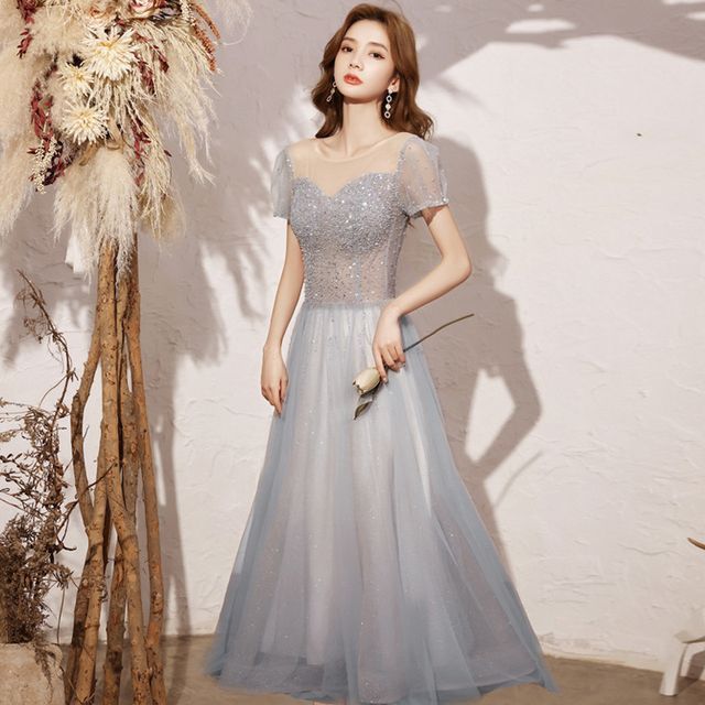 Mesh Cocktail Neck / A-Line Round Gown Short-Sleeve Sequin Evening Dress