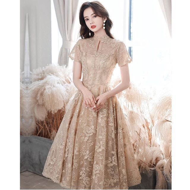 Gown Short-Sleeve Evening A-Line / Mock Pearl Cocktail Embroidered Dress Faux Flower Neck