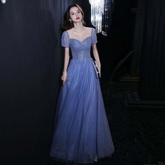 Mesh Cocktail Neck / A-Line Round Gown Short-Sleeve Sequin Evening Dress