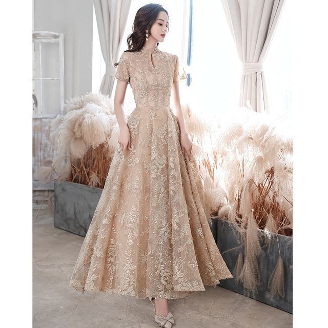 Gown Short-Sleeve Evening A-Line / Mock Pearl Cocktail Embroidered Dress Faux Flower Neck