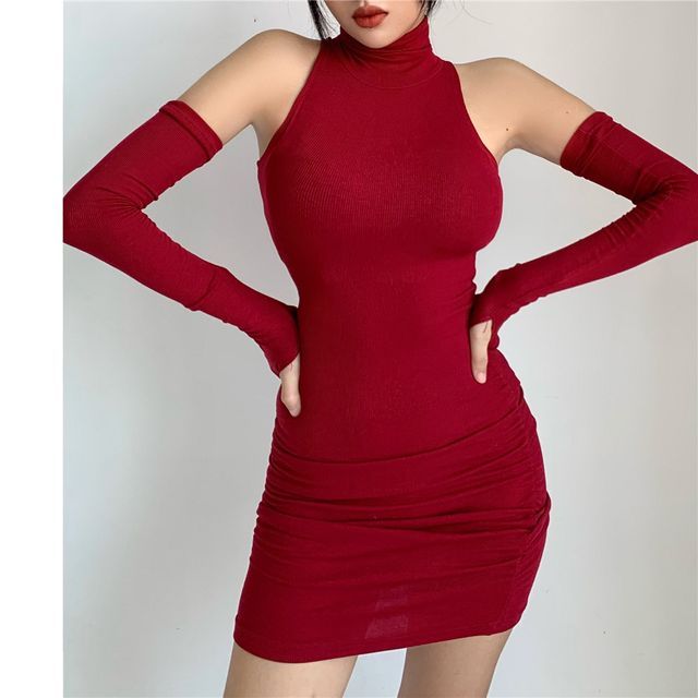 Dress Mini Turtleneck With Sleeves Plain Sleeveless Arm
