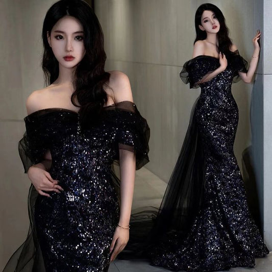 Elbow-Sleeve Trained Gown Mesh Shoulder Panel Off Sequined Mermaid Evening