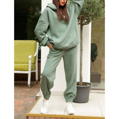 Set: Long Sleeve Plain Loose-Fit Hoodie + Straight-Leg Sweatpants