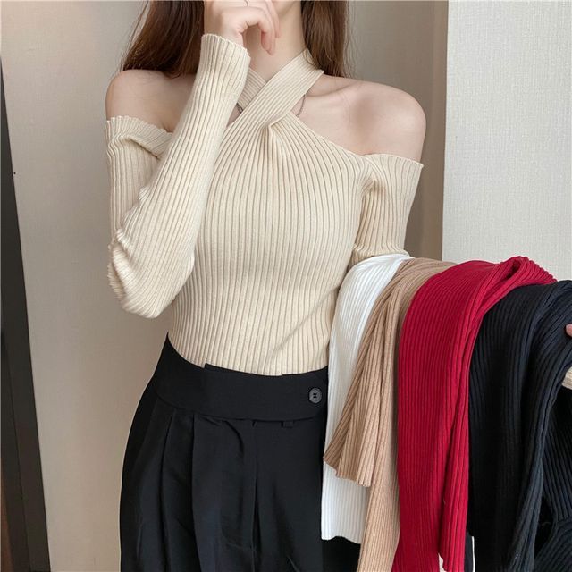 Plain Halter Top Long-Sleeve Cold-Shoulder Knit