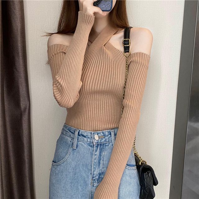 Plain Halter Top Long-Sleeve Cold-Shoulder Knit