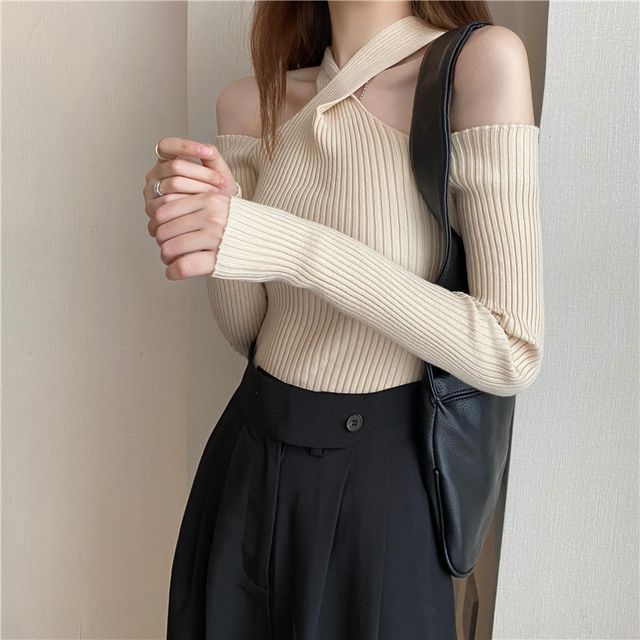 Plain Halter Top Long-Sleeve Cold-Shoulder Knit
