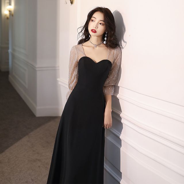 3/4-Sleeve Sweetheart Neck Sequin Panel Mesh A-Line Evening Gown / Cocktail Dress
