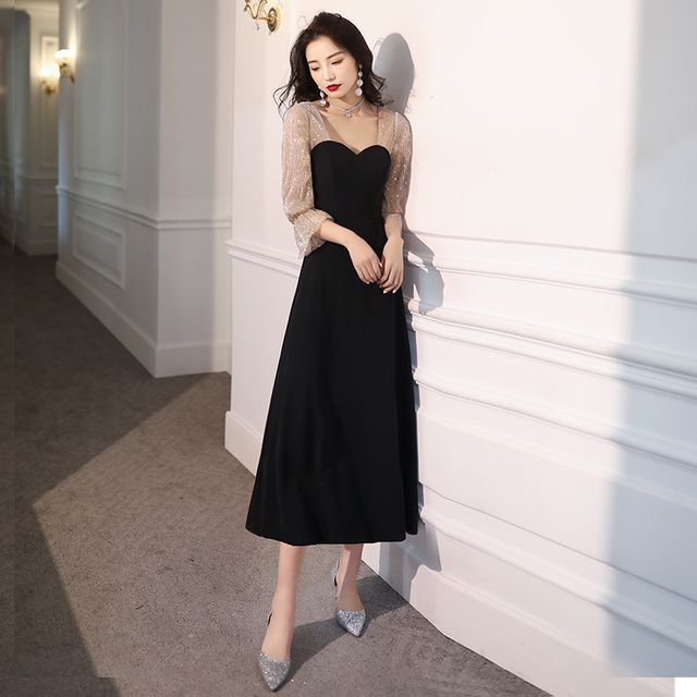 Sweetheart Sequin A-Line Neck Dress Cocktail Gown Panel Evening / Mesh 3/4-Sleeve