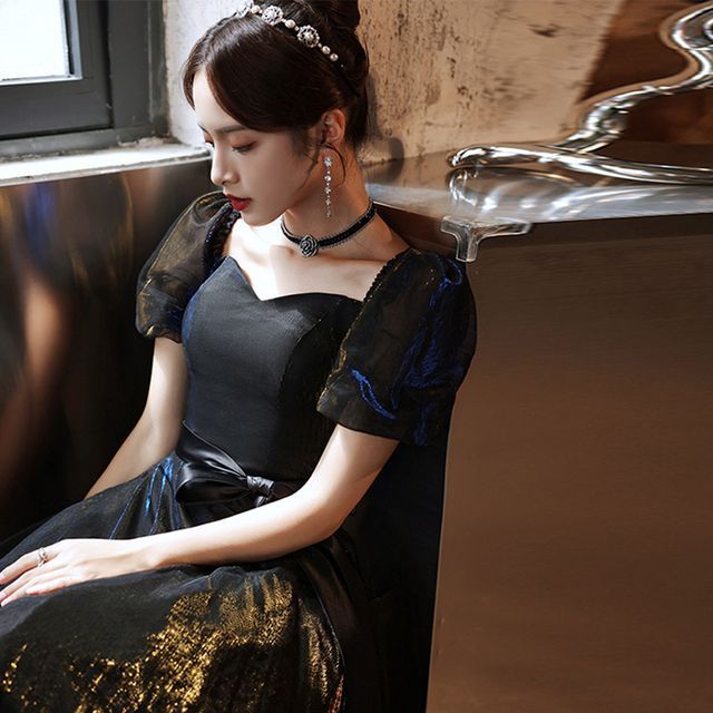 Mesh Evening Gown Sleeve Dress A-Line Puff Cocktail /