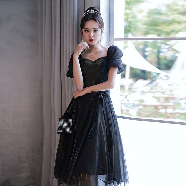 Mesh Evening Gown Sleeve Dress A-Line Puff Cocktail /