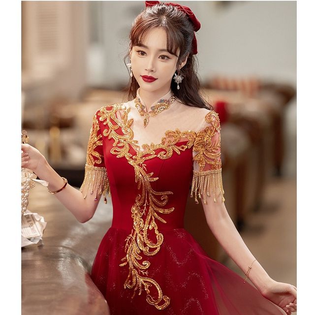 Sequin Short-Sleeve / Fringed Midi Gown A-Line Evening Dress