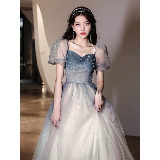 Gown Gradient Evening Midi / Puff-Sleeve A-Line Dress Mesh