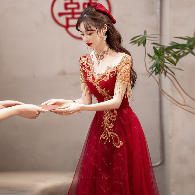 Sequin Short-Sleeve / Fringed Midi Gown A-Line Evening Dress