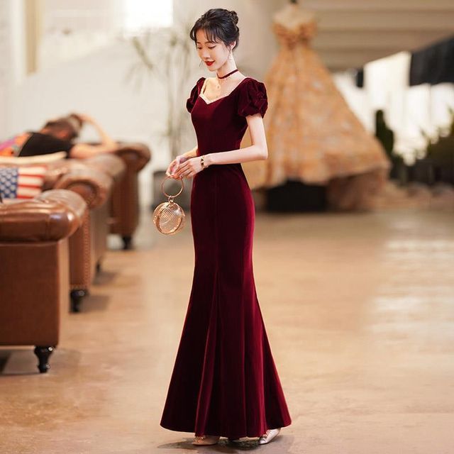 Bow Puff-Sleeve / Evening Midi Mermaid Gown Dress