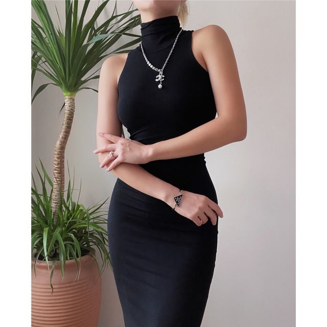 Plain Dress Turtleneck Sleeveless Slim-Fit