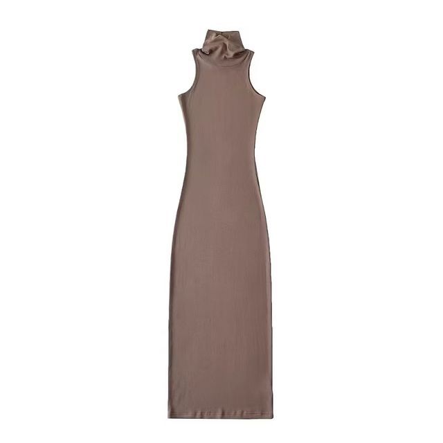 Plain Dress Turtleneck Sleeveless Slim-Fit