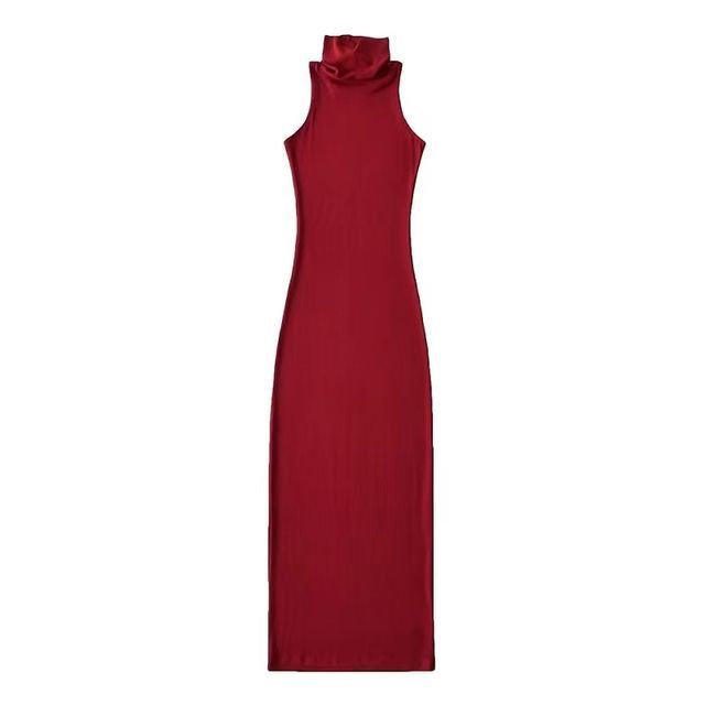 Plain Dress Turtleneck Sleeveless Slim-Fit