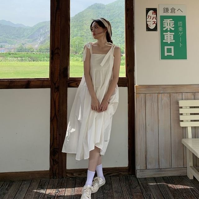 Spaghetti Midi Plain Sundress Strap