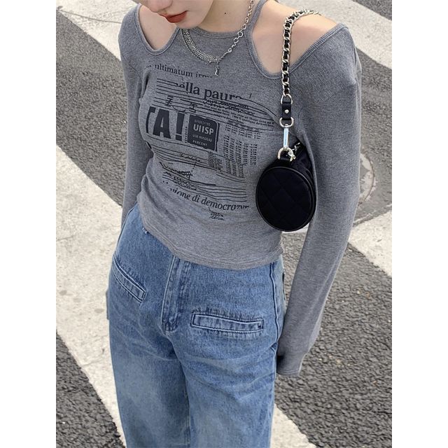 Cold-Shoulder Top Long-Sleeve Slim-Fit Print