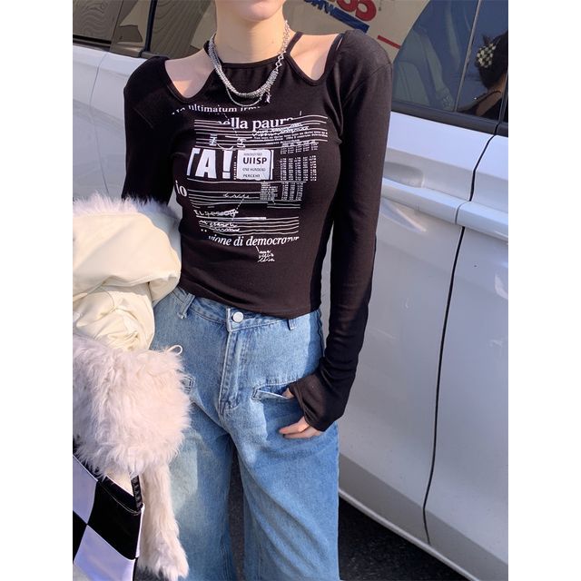 Cold-Shoulder Top Long-Sleeve Slim-Fit Print