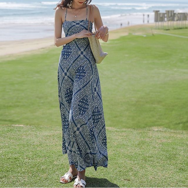 Dress Midi A-Line Strap Print Paisley Spaghetti