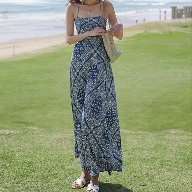 Dress Midi A-Line Strap Print Paisley Spaghetti