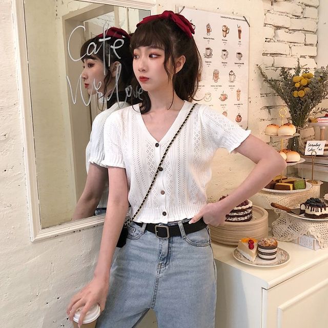 Knit Short-Sleeve V-Neck Top Perforated Button-Up