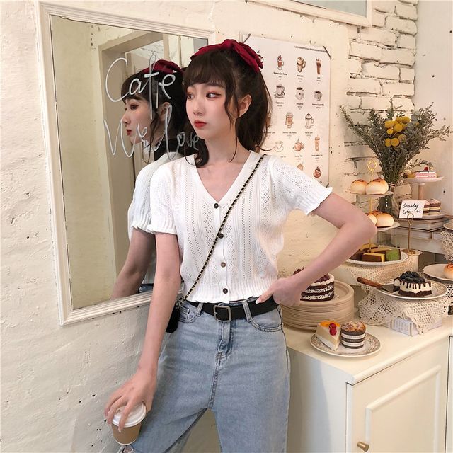 Knit Short-Sleeve V-Neck Top Perforated Button-Up