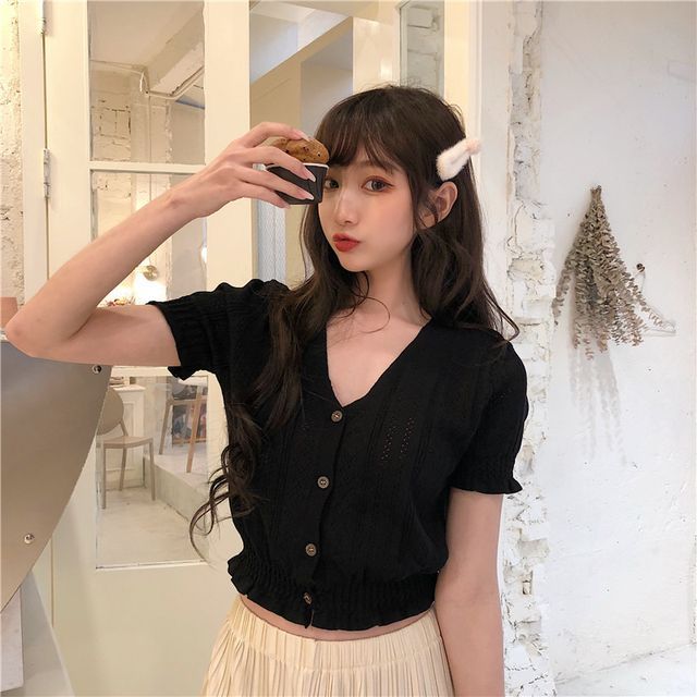 Knit Short-Sleeve V-Neck Top Perforated Button-Up