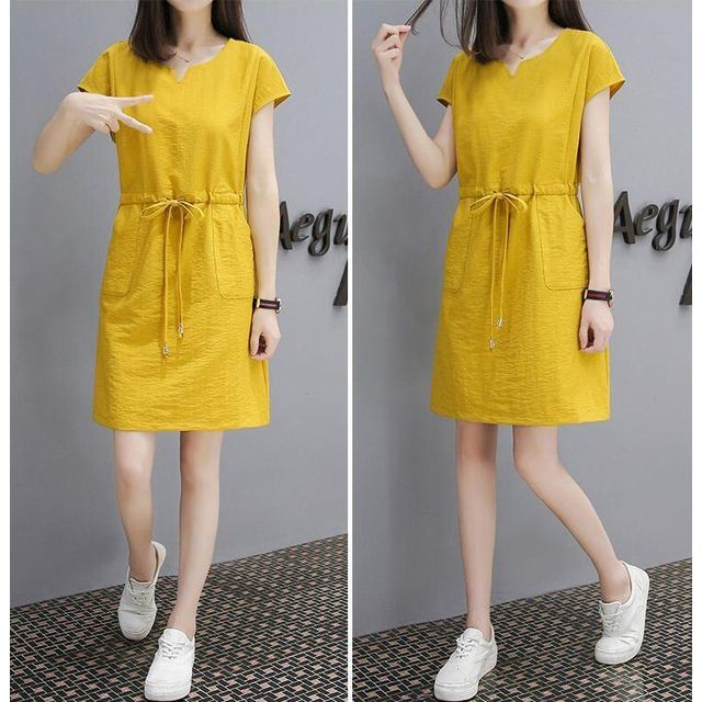 Dress Drawstring-Waist Mini A-Line Plain Short-Sleeve V-Neck
