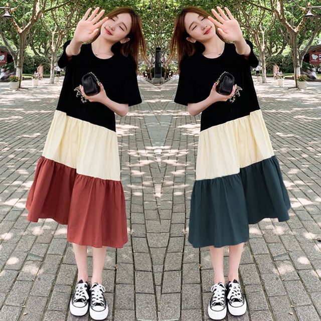Dress Midi Neck Color Block Short-Sleeve A-Line Crew