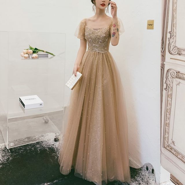 Gown Evening Short-Sleeve A-Line / Cocktail Dress Flower Accent