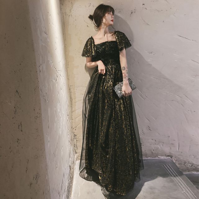 Gown Evening Short-Sleeve A-Line / Cocktail Dress Flower Accent