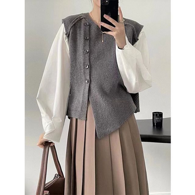 Button-Up Sweater Vest Crew Asymmetrical Neck Plain Hem