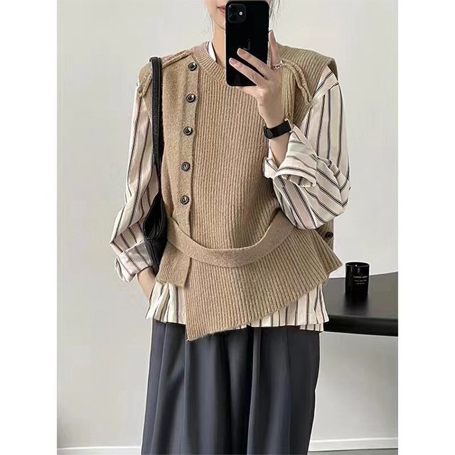 Button-Up Sweater Vest Crew Asymmetrical Neck Plain Hem