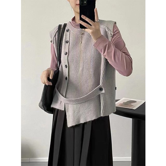 Button-Up Sweater Vest Crew Asymmetrical Neck Plain Hem